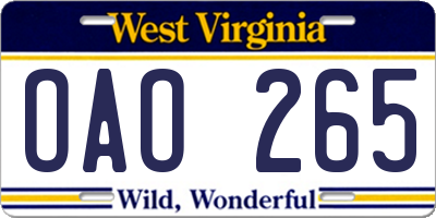 WV license plate OAO265