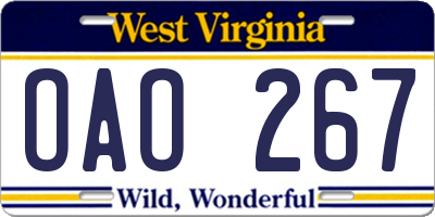 WV license plate OAO267