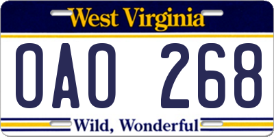 WV license plate OAO268