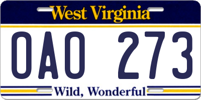WV license plate OAO273