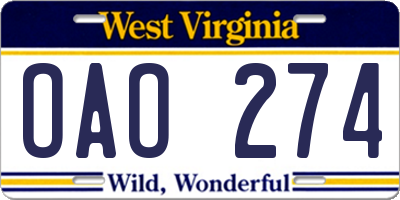 WV license plate OAO274