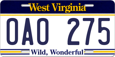WV license plate OAO275