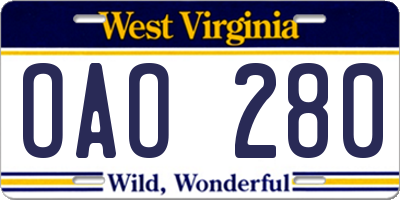 WV license plate OAO280