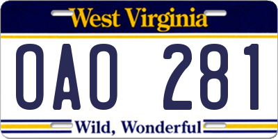 WV license plate OAO281