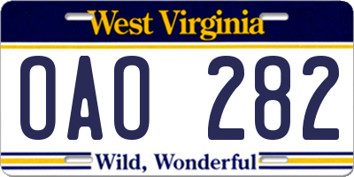 WV license plate OAO282