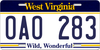 WV license plate OAO283