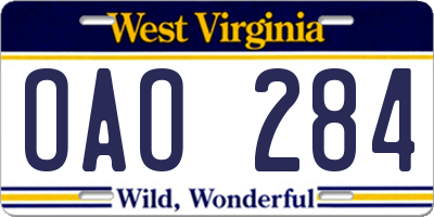 WV license plate OAO284