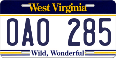 WV license plate OAO285