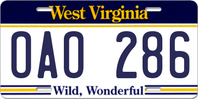 WV license plate OAO286