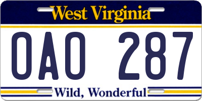 WV license plate OAO287
