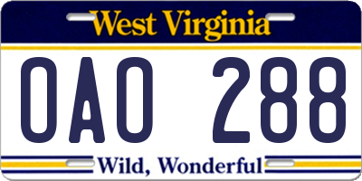 WV license plate OAO288