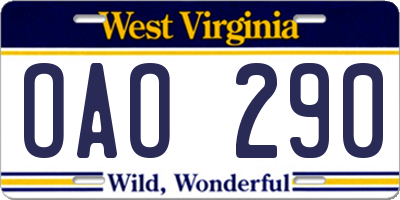 WV license plate OAO290