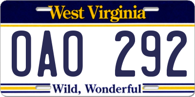 WV license plate OAO292