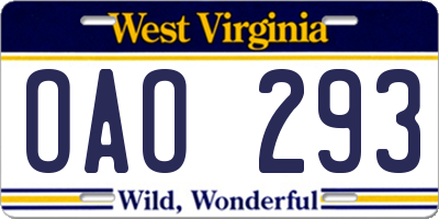 WV license plate OAO293