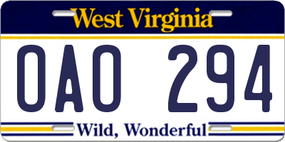 WV license plate OAO294