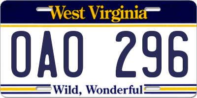 WV license plate OAO296