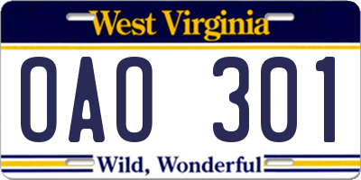 WV license plate OAO301