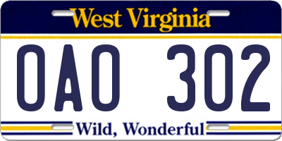 WV license plate OAO302