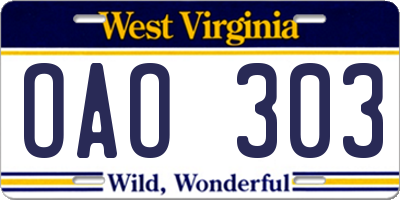 WV license plate OAO303