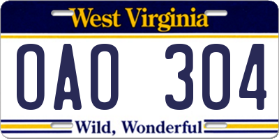 WV license plate OAO304