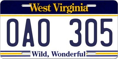 WV license plate OAO305