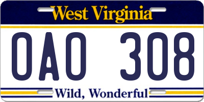 WV license plate OAO308