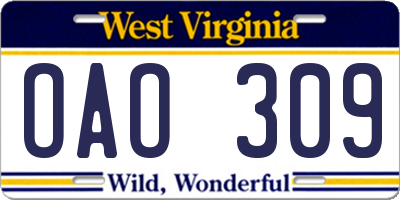 WV license plate OAO309