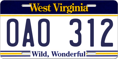 WV license plate OAO312