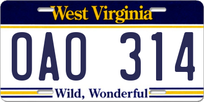 WV license plate OAO314