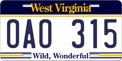 WV license plate OAO315