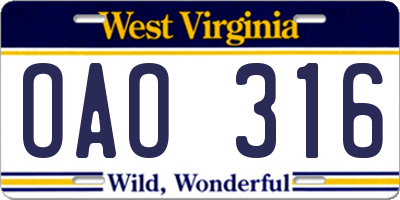 WV license plate OAO316