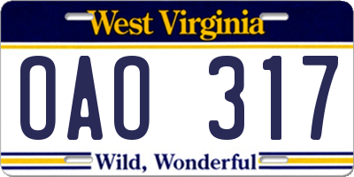 WV license plate OAO317