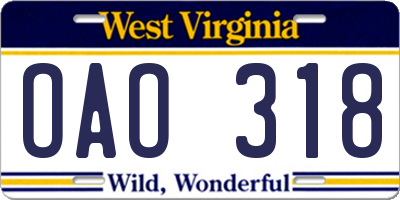 WV license plate OAO318