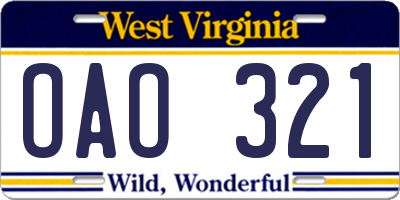 WV license plate OAO321