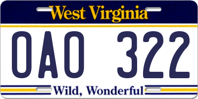 WV license plate OAO322
