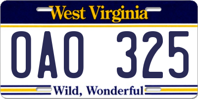 WV license plate OAO325