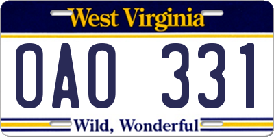WV license plate OAO331
