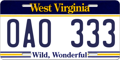 WV license plate OAO333