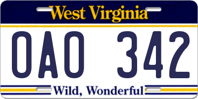 WV license plate OAO342