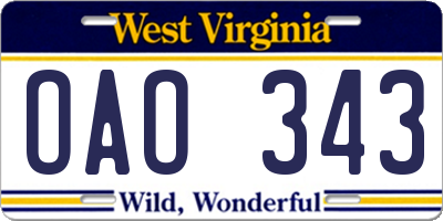 WV license plate OAO343