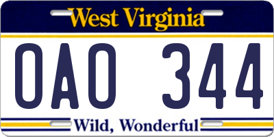 WV license plate OAO344