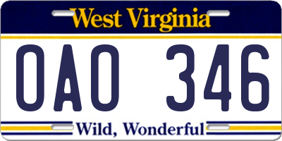 WV license plate OAO346