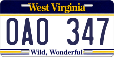 WV license plate OAO347