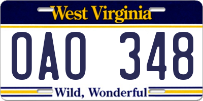 WV license plate OAO348