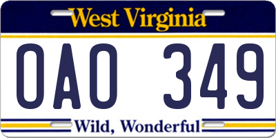 WV license plate OAO349