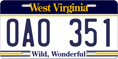WV license plate OAO351