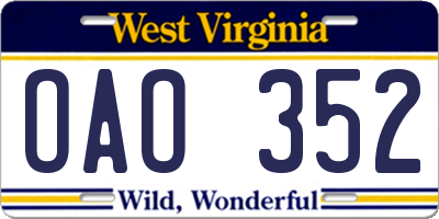 WV license plate OAO352
