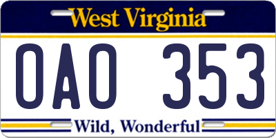 WV license plate OAO353