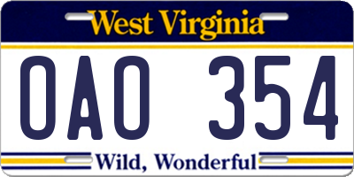 WV license plate OAO354