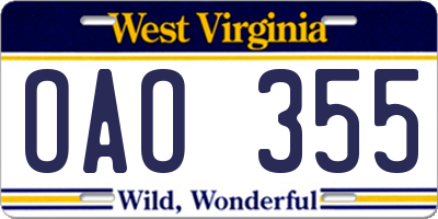 WV license plate OAO355